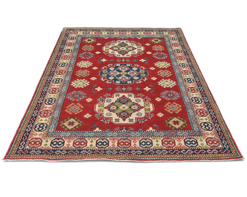 5x7 Red Kuba Afghan Hand Knotted Wool Area Rug
